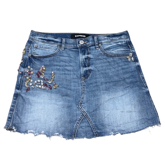 Express Woman's Denim Mini‎ Skirt Rhinestone Embellished Distressed Hem Size 8 - Picture 1 of 5